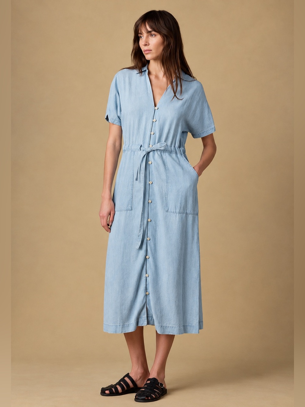 faherty tried & true oakley midi dress arctic sea wash linen blend size S
